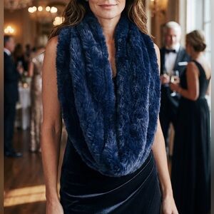 Vintage Knitted Rabbit Fur Infinity Scarf- Navy
